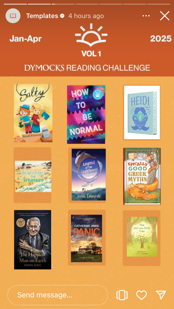  An orange background with nine colourful books and white text about Dymocks Reading Challenge
