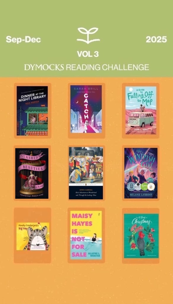 An orange background with a green panel at the top and nine colourful book covers. Volume 3 of the 2025 Dymocks Reading Challenge.