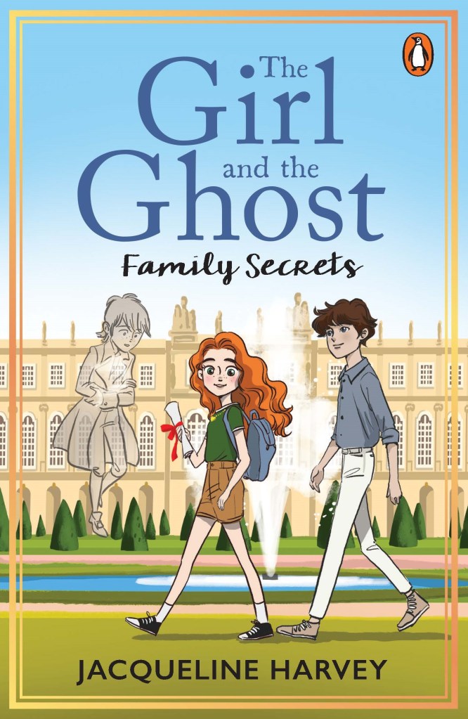 The Girl and the Ghost: Family Secrets
Jet and Gabriel, the main characters, with a ghost called Louis walking in the gardens of Versailles. Jet has red hair, a backpack, and is in brown shorts and a green t-shirt. Gariel is in white pants and a grey shirt and has black hair.