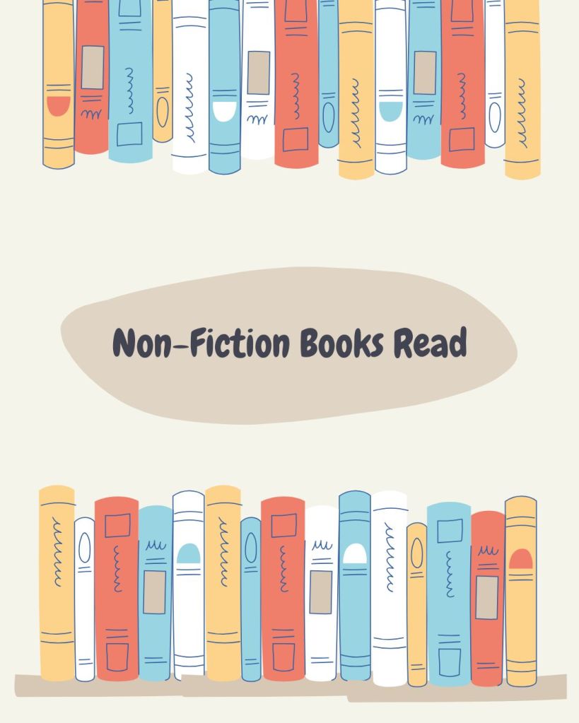 A tan background with a row of red, blue, white, and yellow books at the top and the same at the bottom, with a dark tan circle in the middle that has black text that says non-fiction books.