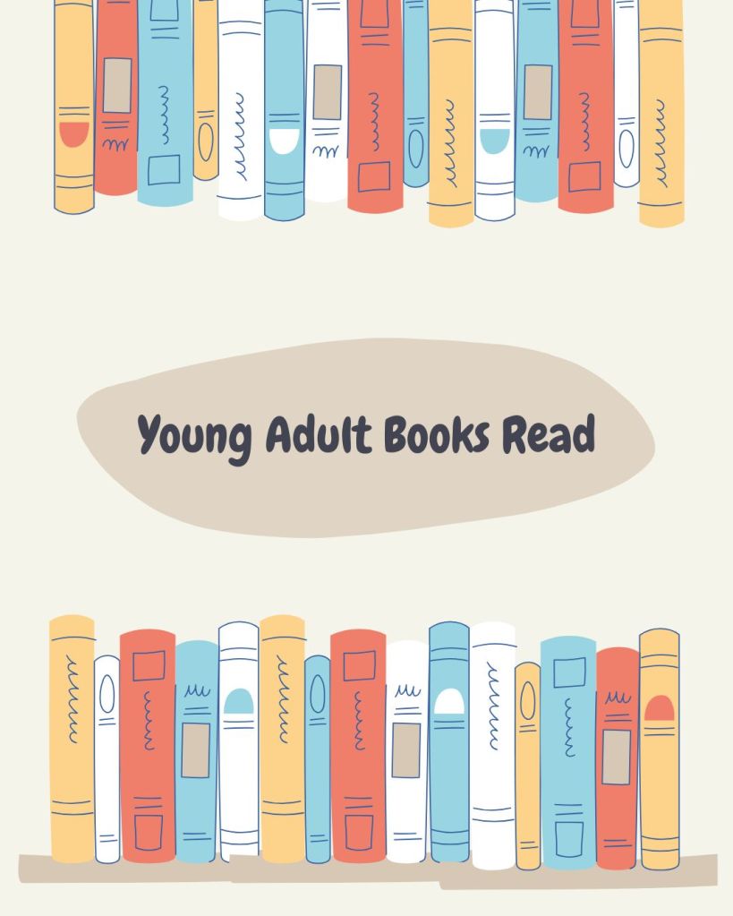 A tan background with a row of red, blue, white, and yellow books at the top and the same at the bottom, with a dark tan circle in the middle that has black text that says young adult books read.