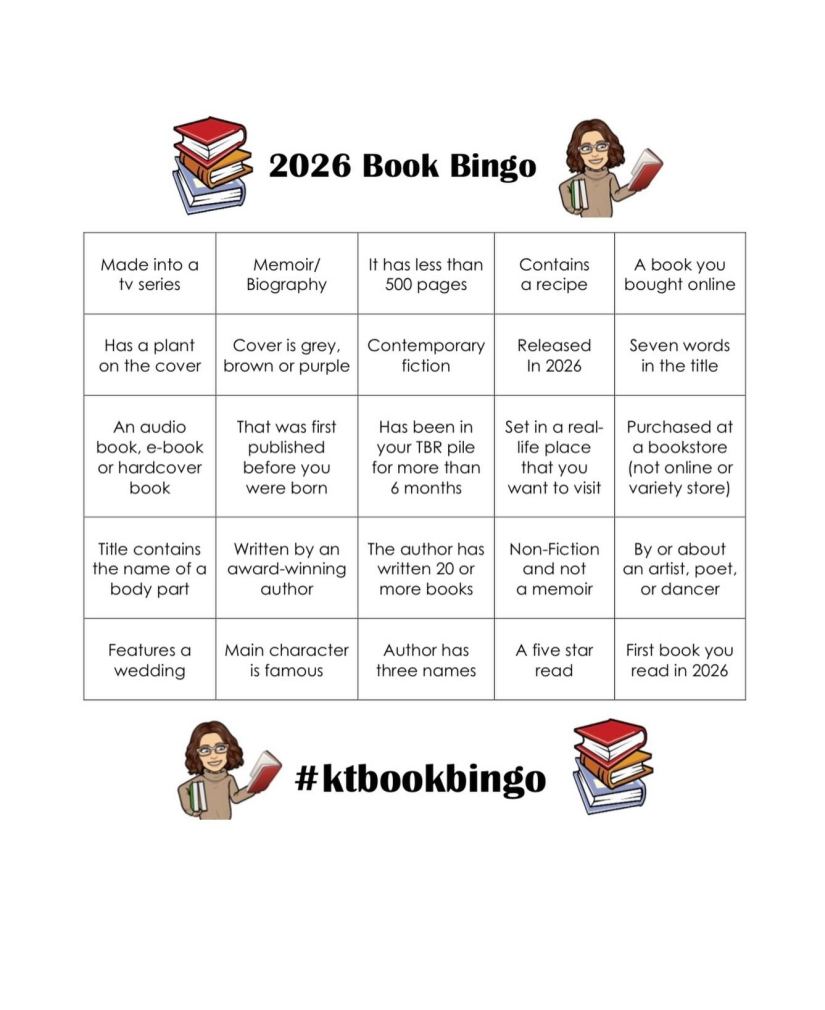 #KTBookBingo
A white background with 25 squares and black text and colourful icons for KT Book Bingo.