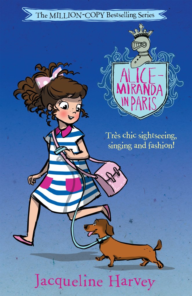 Alice-Miranda in Paris
A blue cover with a brown-haired girl in a stripey blue and white dress with a ink handbag. She has a sausage dog with her. A blue shield with pink text is at the top. Pink text says Alice-Miranda in Paris by Jacqueline Harvey.