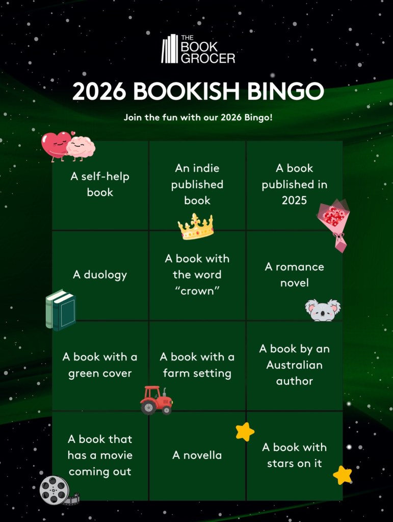 Book Grocer Book Bingo

A green background with 12 lighter green squares and various images surrounded by white text for The Book Grocer Book Bingo.
