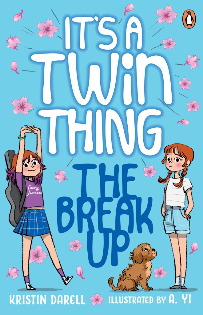 It’s a Twin Thing: The Break Up
A light blue cover with two girls either side of blue and white text that says It’s a Twin Thing: The Break Up. Both girls are white with brown hair. One has short hair, a blue skirt and purple t-shirt with a guitar. The other has hair in plaits and is wearing a white t-shirt, denim shorts and has a dog next to her. There are flowers in the background as well.