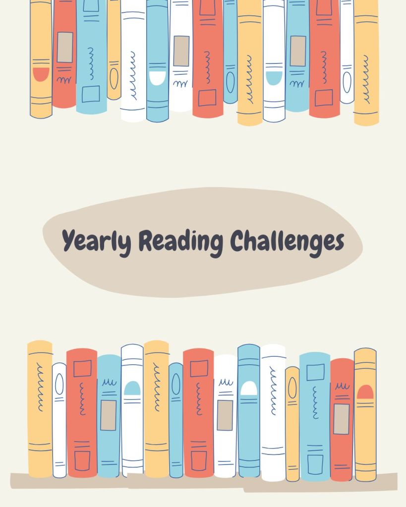 
Yearly Reading Challenges

A tan background with a row of red, blue, white, and yellow books at the top and the same at the bottom, with a dark tan circle in the middle that has black text that says yearly reading challenges. 
