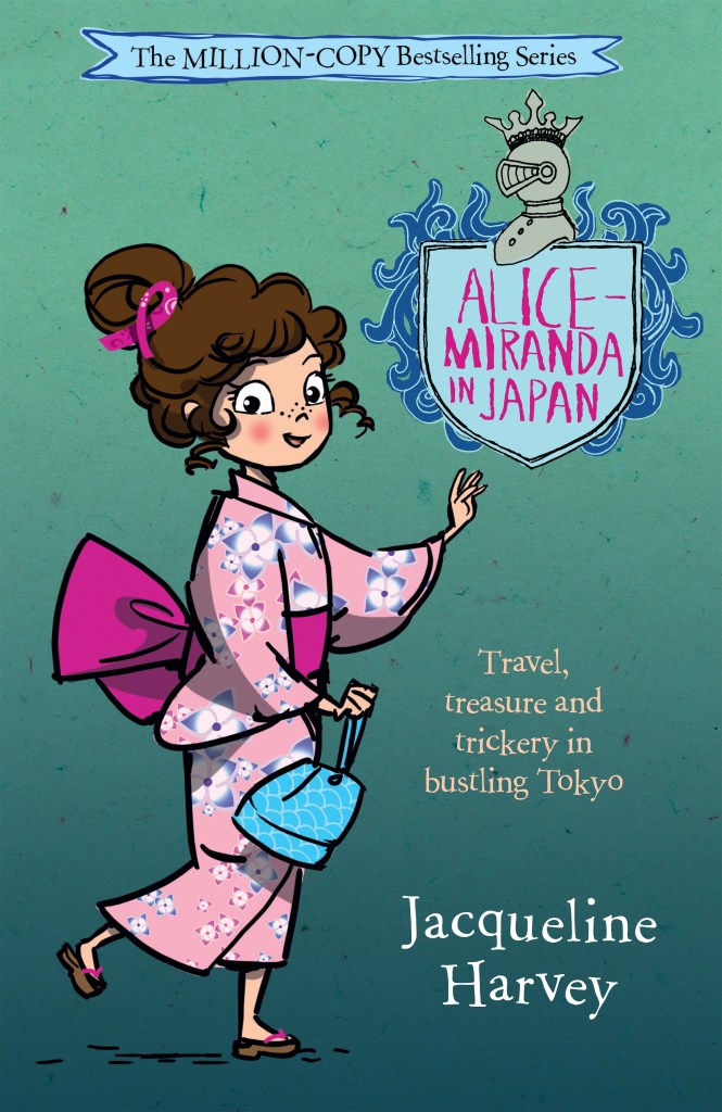 Alice-Miranda in Japan
An emerald, green cover with a brown-haired girl in a pink kimono holding a blue bag. A blue shield with pink text is at the top. Pink text says Alice-Miranda in Japan by Jacqueline Harvey.