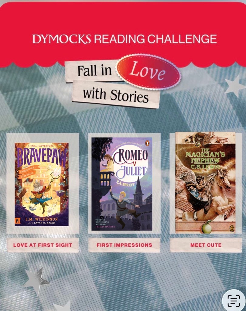 A blue and white checked picnic blanket behind one transparent panel and one cream panel. The cream panel has the book information, a short review about the book and a star rating. The transparent panel has three book covers on it. There is a red panel with the Dymocks logo and white panels with Fall in Love with Stories below it. Love is in a red oval.