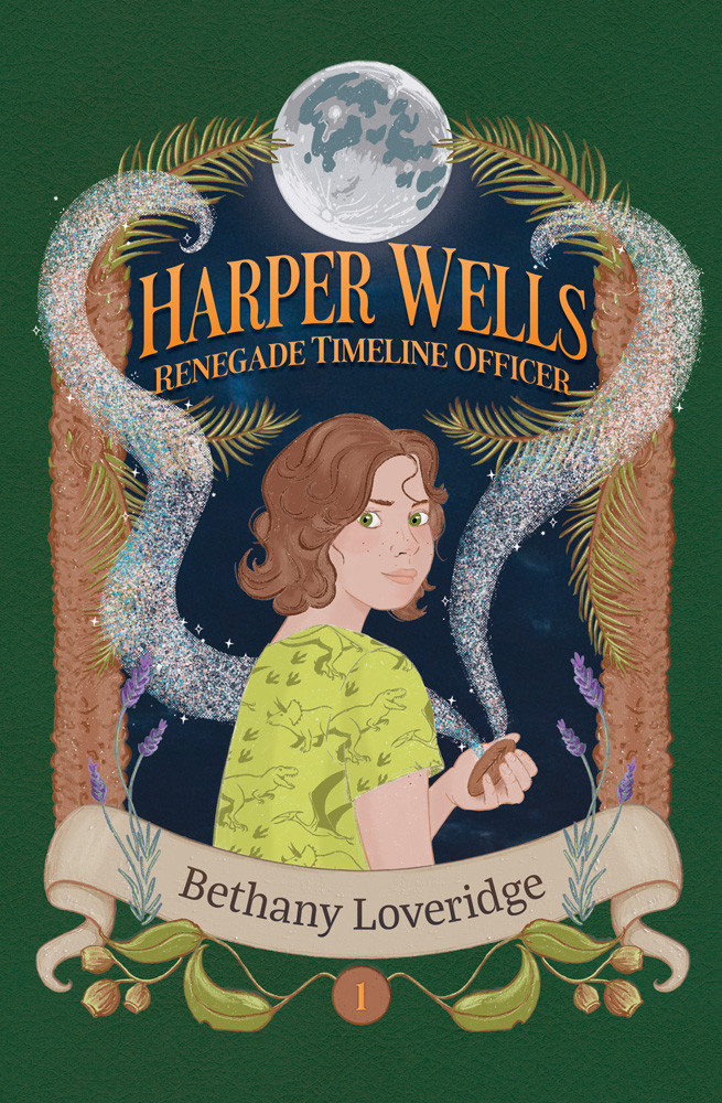Harper Wells: Renegade Timeline Officer
A green border around an archway of feathers. The archway is dark blue inside with a brown-haired white girl in a lime green top with dinosaurs. The orange text at the top says Harper Wells: Renegade Time Officer. A scroll at the bottom has black text that says Bethany Loveridge.