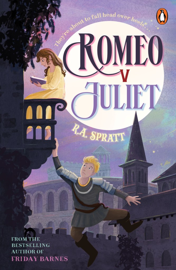 Romeo v Juliet

A purple sky above two grand houses. A boy in a tunic and armour is climbing a balcony to get to a girl in a yellow dress reading. The title Romeo v Juliet is in purples on the moon and the author’s name, R.A. Spratt and the tagline, They’re about to fall head over heels…is in yellow. 
