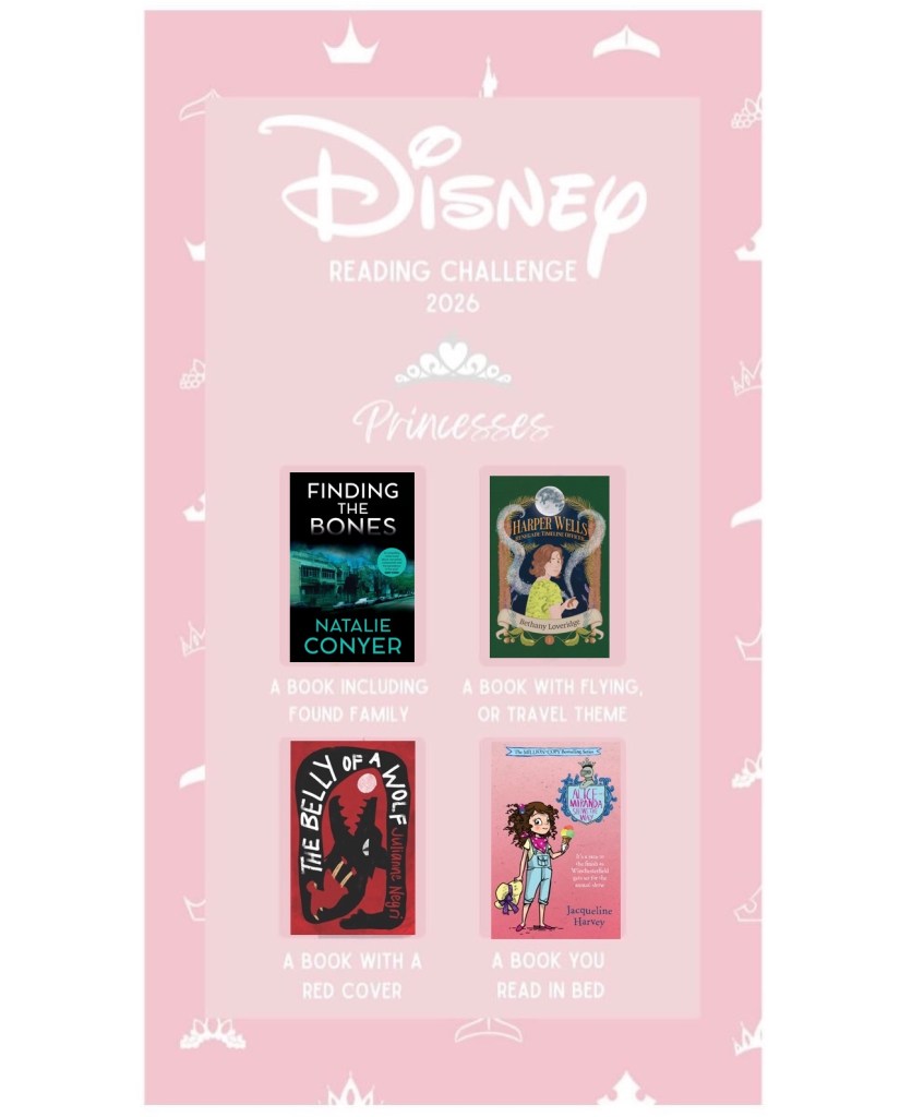 Image: Image: Disney Reading Challenge 2026 Princesses

A pink background with white crowns behind a pale pink panel with pink boxes on it. The boxes have Snow White (a book including found family), Jasmine (a book with a travelling or flying theme), Merida (a book with a red cover) and Aurora (a book you read in bed). The text is white. Aurora is filled with A pink cover with a brown-haired girl in a pink shirt and overalls holding a straw hat. A blue shield with pink text is at the top. Pink text says Alice-Miranda Shows the Way by Jacqueline Harvey. Merida is filled with The Belly of a Wolf which has a red cover with a black wolf curled around itself heading towards a moon. The wolf has red and white text on it that says The Belly of a Wolf by Julianne Negri. Jasmine is marked off with Harper Wells: Renegade Timeline Officer. A green border around an archway of feathers. The archway is dark blue inside with a brown-haired white girl in a lime green top with dinosaurs. The orange text at the top says Harper Wells: Renegade Time Officer. A scroll at the bottom has black text that says Bethany Loveridge.Snow White is filled with Finding the Bones by Natalie Conyer. A black cover with a turquoise toned image of an old pub and cars between white text that says Finding the Bones and turquoise text that says Natalie Conyer.