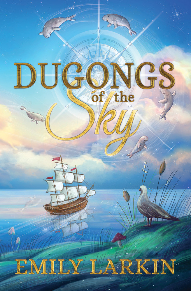 Dugongs of the Sky
A ship on a lake by a grassy shore with a bird looking at it. There are dugongs in the sky floating through the clouds.
