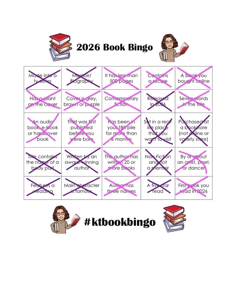 KTBookBingo
A white background with 25 squares and black text and colourful icons for KT Book Bingo. 25 squares out of 25 are marked off in purple.