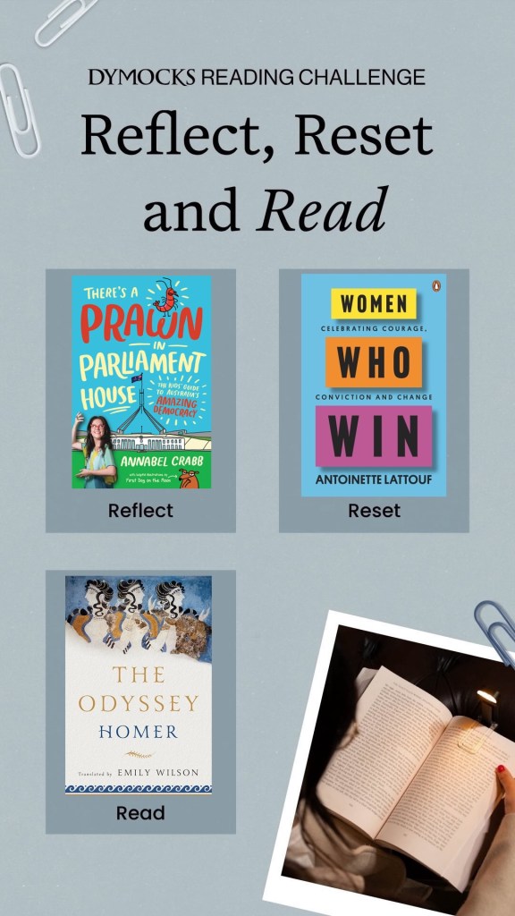 A blueish-grey background with three dark grey panels that say reflect, reset and read. Black text says Your mid-year moment. Reflect, Reset and Read. Dymocks Reading Challenge. There is an image of an open book at the bottom.