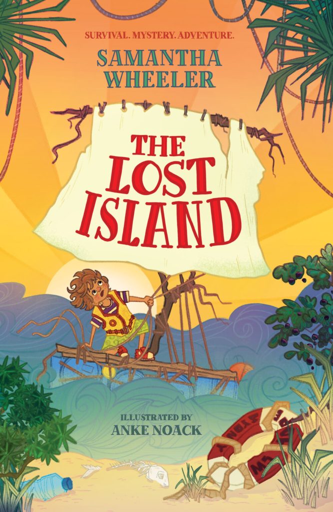 The Lost Island

An orange sky over the sea and an island. There is a boat with a child in colourful clothes on the boat and lots of different items on the beach. 
