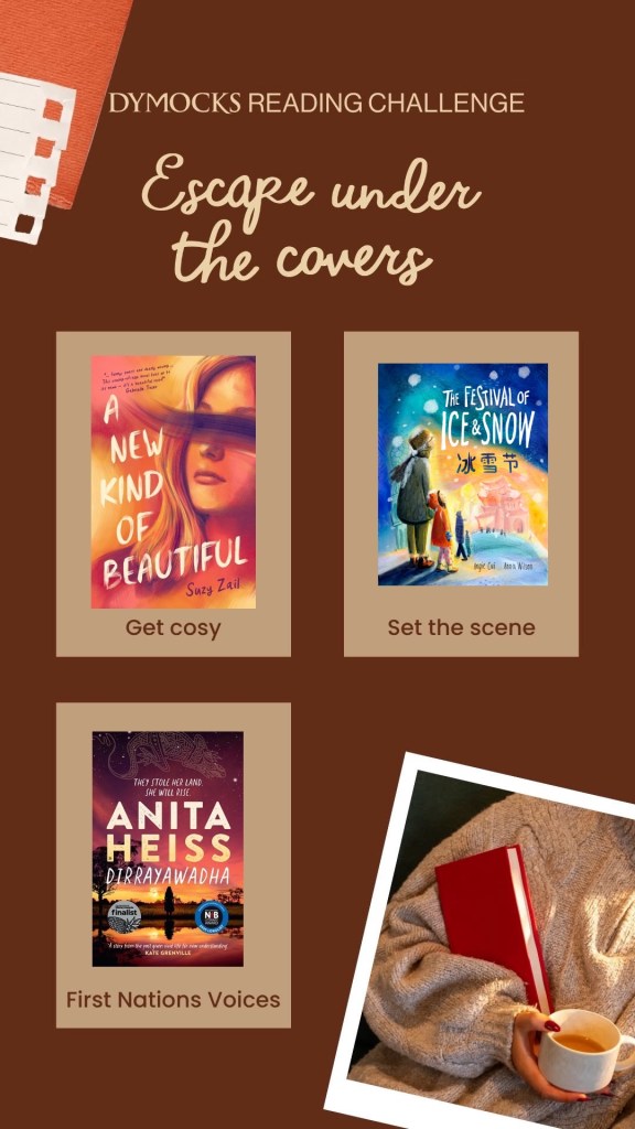 Round up: A dark brown background with tan rectangles for each of the prompts between tan text about the challenge and category and a person with a book and cup of tea. 