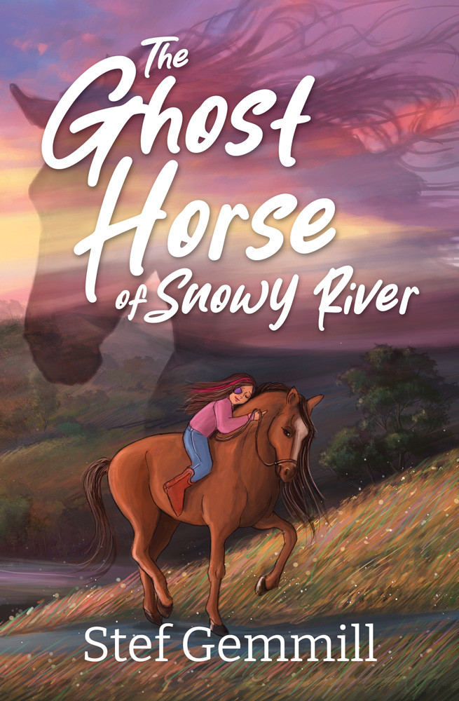 The Ghost Horse of Snowy River

A girl on the back of a horse going up a hill. It is sunset over the country, and the image is surrounded by white text that says The Ghost Horse of Snowy River by Stef Gemmill. 
