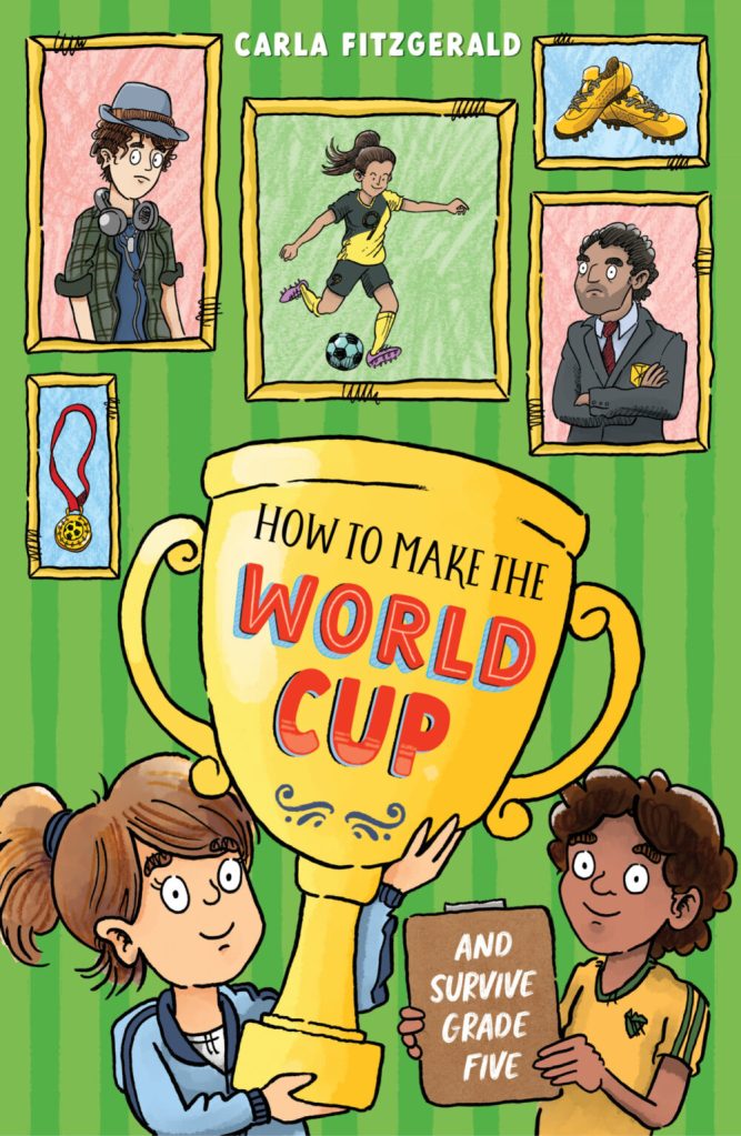 How to make the World Cup and Survive the Fifth Grade

A green cover with two kids holding up a trophy between lots of pictures of soccier and people. Text on the cup says How to make the World Cup. The boy is holding up a clipboard that says and survive fifth grade. 
