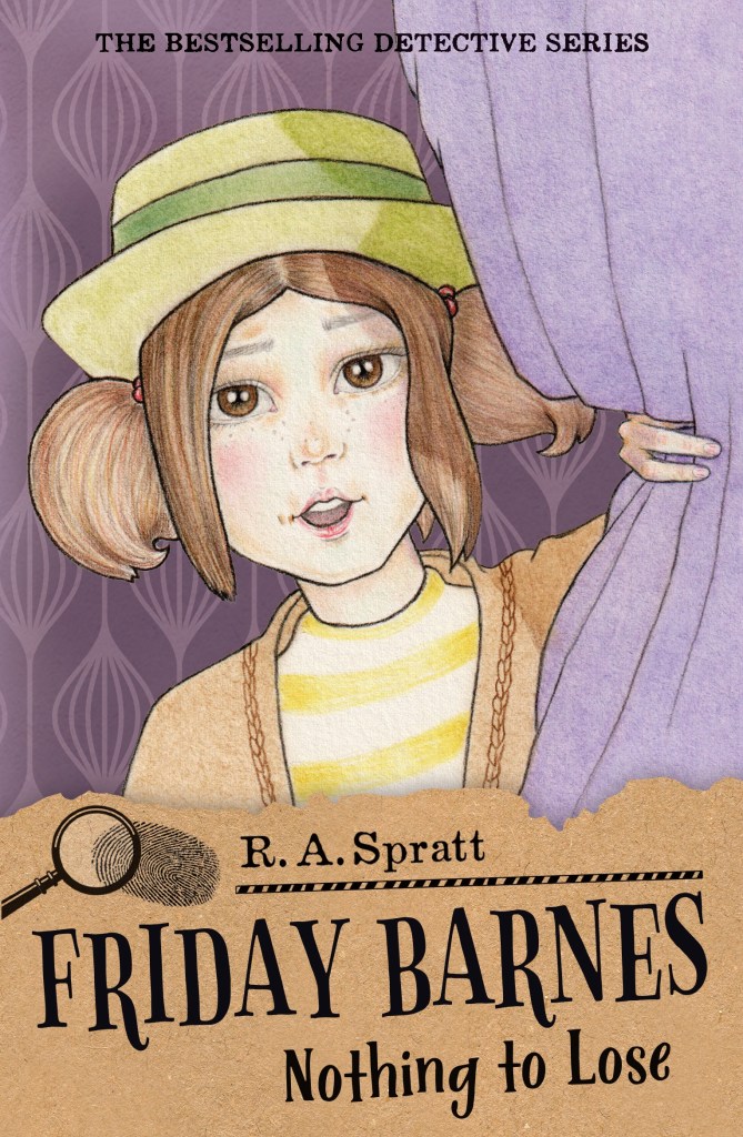 Friday Barnes: Nothing to Lose
A purple background with Friday Barnes peeking around a purple curtain. A brown panel that looks torn has a fingerprint and magnifying glass next to black text that says R.A. Spratt and Friday Barnes: Nothing to Lose.

