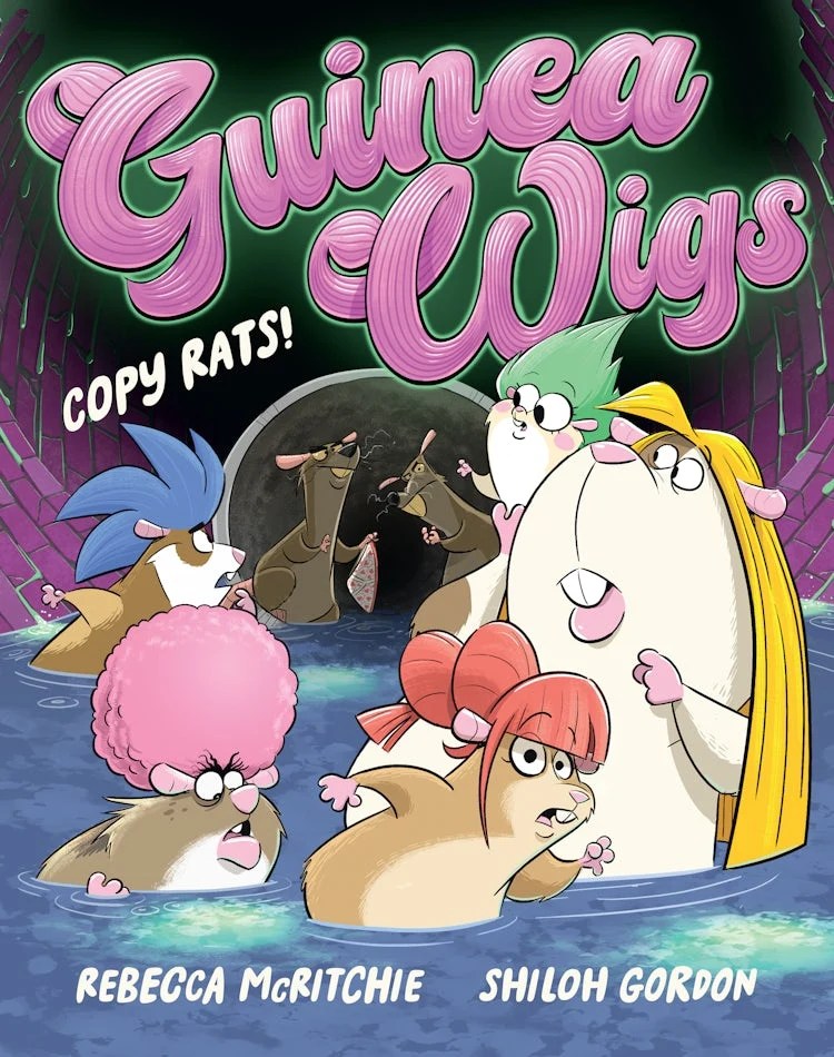 Guinea Wigs: Copy Rats 

A dark cover with four guinea pigs wearing different coloured wigs near some rats. It has pink and white text for the title and author name. Guinea Wigs: Copy Rats by Rebecca McRitchie and Shiloh Gordon.
