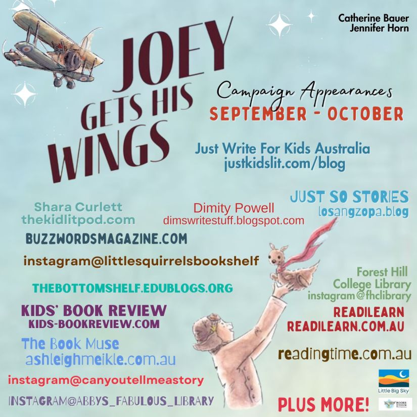 Joey gets his wings blog tour schedule. Colourful text against a blue background with a plane in one corner and a person holding a kangaroo at the bottom.