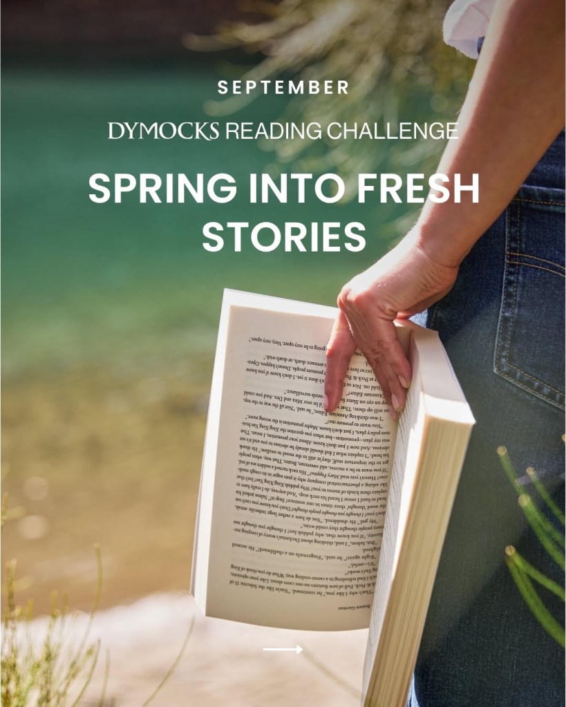 A person holding a book below white text. Dymocks Reading Challenge Spring into Stories.