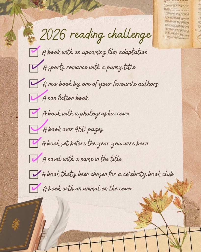 HarperCollins 2026 Reading Challenge
A smattering of scrappy papers and flowers in neutral tones with a checklist in green and black text. All ten prompts are marked off with a purple tick.